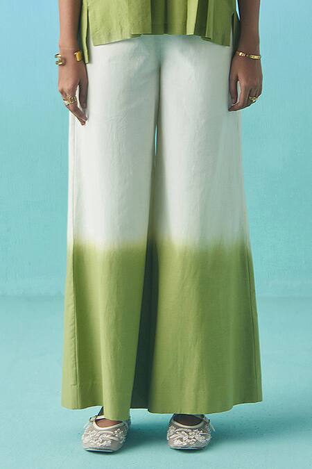 Buy_Febo6_Ivory Cotton, Silk Round Neck Ombre Pleated Top And Wide Leg Trouser Set _Online_at_Aza_Fashions
