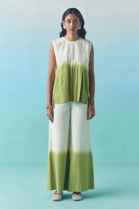 Shop_Febo6_Ivory Cotton, Silk Round Neck Ombre Pleated Top And Wide Leg Trouser Set _Online_at_Aza_Fashions