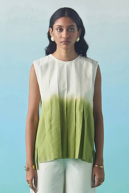 Febo6_Ivory Cotton, Silk Round Neck Ombre Pleated Top And Wide Leg Trouser Set _at_Aza_Fashions