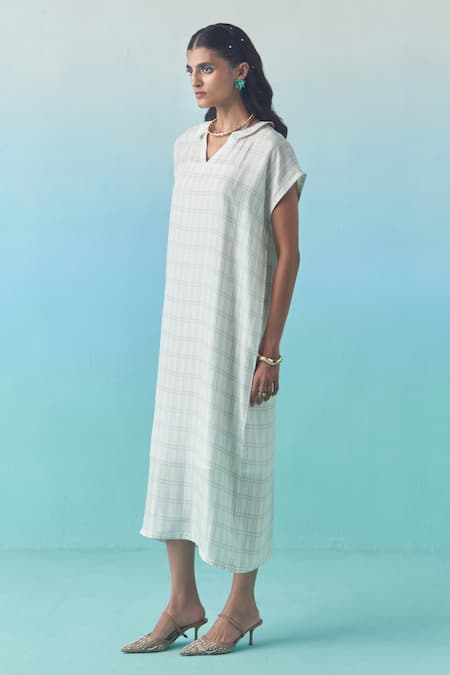 Shop_Febo6_Ivory Silk, Cotton V-neck, Collared Plaid Midi Dress _Online_at_Aza_Fashions