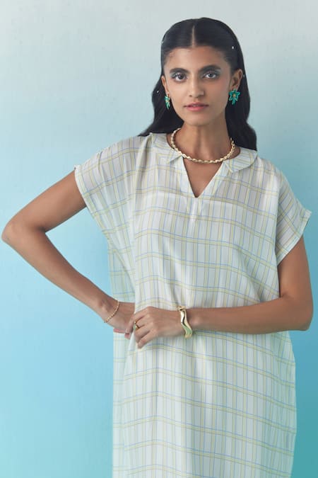 Febo6_Ivory Silk, Cotton V-neck, Collared Plaid Midi Dress _at_Aza_Fashions