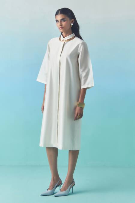 Buy_Febo6_Ivory Chanderi Collared Midi Dress _Online_at_Aza_Fashions