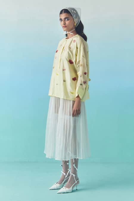 Shop Febo6 Yellow Silk Embroidery, Sequins Round , Button-down Thread And Blouse Online at Aza Fashions Shop_Febo6_Yellow Silk Embroidery, Sequins Round , Button-down Thread And Blouse _Online_at_Aza_Fashions