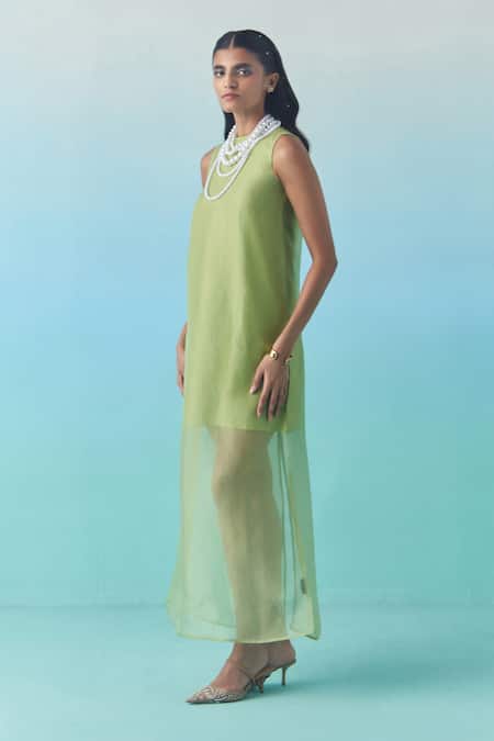 Febo6 Green Silk Organza Round Neck Sleeveless Overlay Midi Dress at Aza Fashions Febo6_Green Silk Organza Round Neck Sleeveless Overlay Midi Dress _at_Aza_Fashions