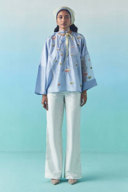 Buy_Febo6_Sky Blue Silk Embroidery, Sequins Round Neck Poppy Motif Thread Blouse _Online_at_Aza_Fashions