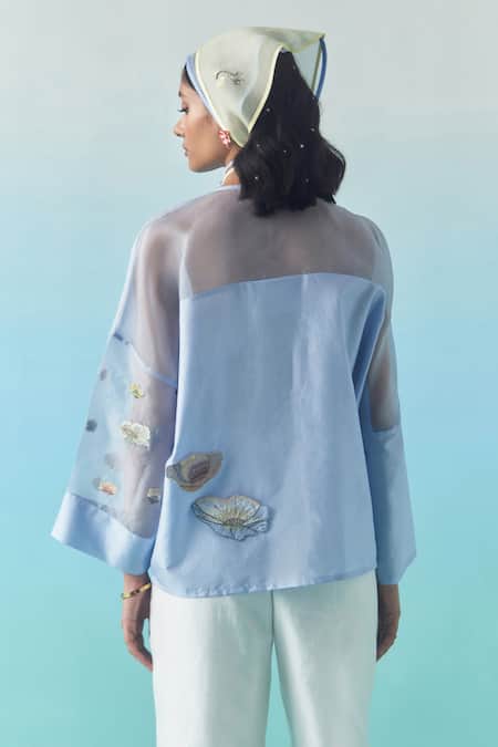 Febo6_Sky Blue Silk Embroidery, Sequins Round Neck Poppy Motif Thread Blouse _at_Aza_Fashions