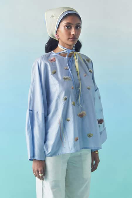 Buy_Febo6_Sky Blue Silk Embroidery, Sequins Round Neck Poppy Motif Thread Blouse 