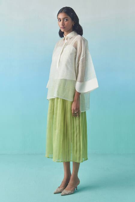 Buy_Febo6_Green Silk Organza Pleated Midi Skirt _Online_at_Aza_Fashions