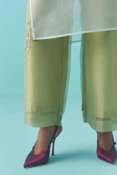 Febo6_Green Silk Organza Embroidery Hand Twig Motif Trouser _Online_at_Aza_Fashions