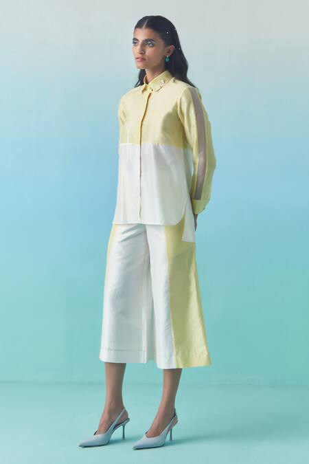 Shop_Febo6_Yellow Silk Embroidery, Applique Kantha Stitch Color Block Top And Culottes Set _Online_at_Aza_Fashions