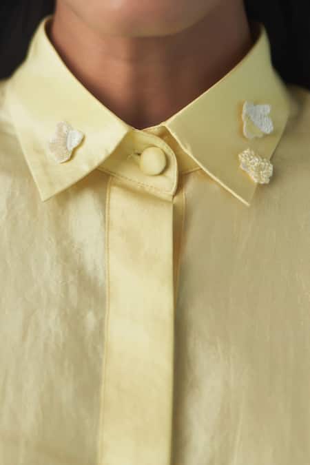 Buy_Febo6_Yellow Silk Embroidery, Applique Kantha Stitch Color Block Top And Culottes Set 