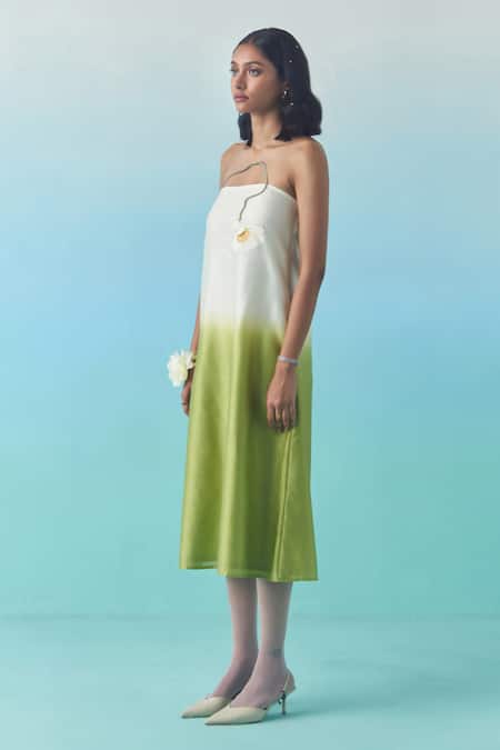 Buy_Febo6_Off White Chanderi Silk Fabric Flowers, Embroidery Ombre Strapless Midi Dress _Online_at_Aza_Fashions