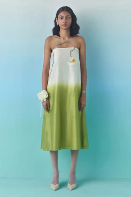 Shop_Febo6_Off White Chanderi Silk Fabric Flowers, Embroidery Ombre Strapless Midi Dress _Online_at_Aza_Fashions