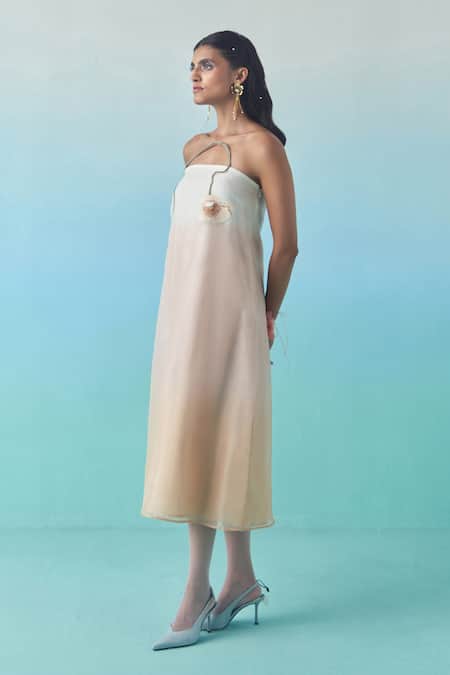 Shop Febo6 Off White Silk Organza Embroidery Ombre Poppy Hand Embellished Midi Dress Online at Aza Fashions Shop_Febo6_Off White Silk Organza Embroidery Ombre Poppy Hand Embellished Midi Dress _Online_at_Aza_Fashions