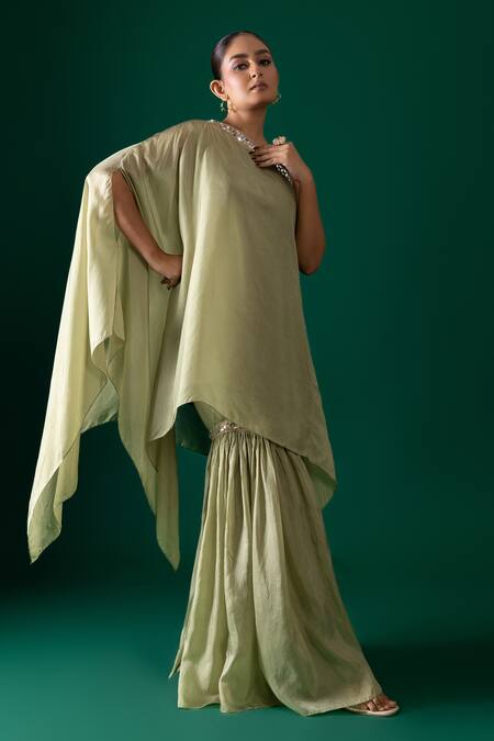 Buy_Label Shristi Chetani_Green Organza, Satin, Taffeta Mirrors One Shoulder Tunic And Sharara Set _Online_at_Aza_Fashions