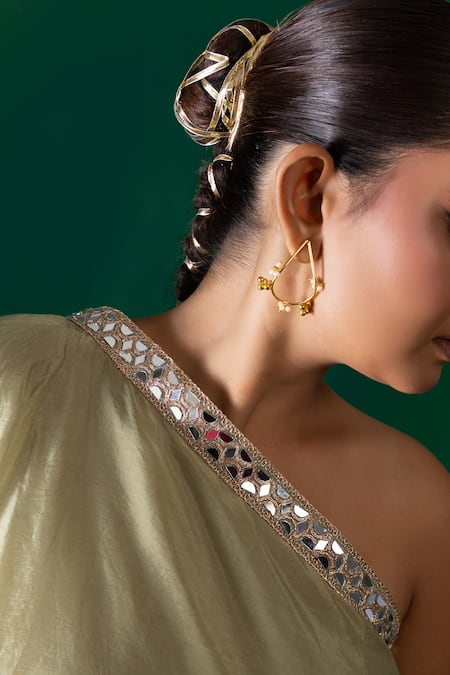 Shop_Label Shristi Chetani_Green Organza, Satin, Taffeta Mirrors One Shoulder Tunic And Sharara Set _Online_at_Aza_Fashions