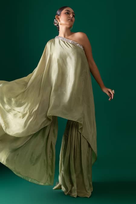 Label Shristi Chetani_Green Organza, Satin, Taffeta Mirrors One Shoulder Tunic And Sharara Set _at_Aza_Fashions