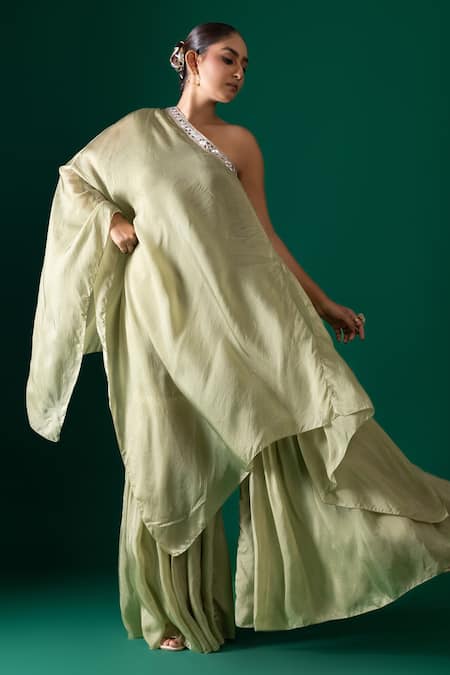 Buy_Label Shristi Chetani_Green Organza, Satin, Taffeta Mirrors One Shoulder Tunic And Sharara Set 