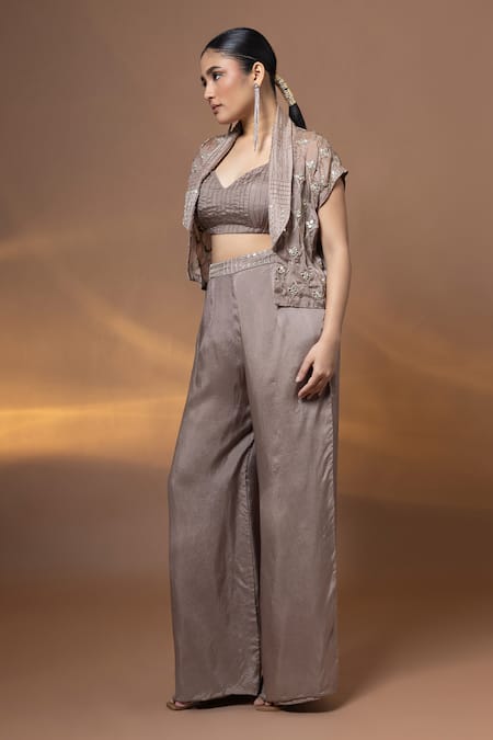 Label Shristi Chetani_Beige Silk Mirrors, Embroidery Open Neck, Sweetheart Hand Jacket And Pant Set _Online_at_Aza_Fashions