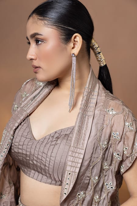 Shop_Label Shristi Chetani_Beige Silk Mirrors, Embroidery Open Neck, Sweetheart Hand Jacket And Pant Set _Online_at_Aza_Fashions