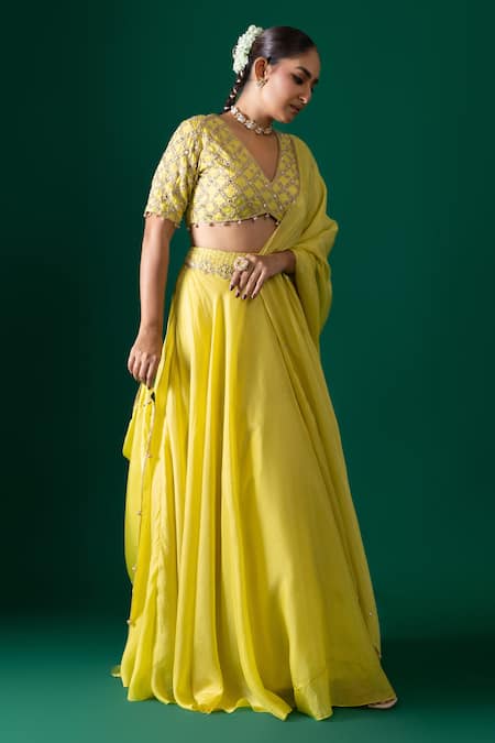 Label Shristi Chetani_Yellow Silk Embroidery, Mirrors, Beads V-neck Work Bralette Lehenga Set _Online_at_Aza_Fashions