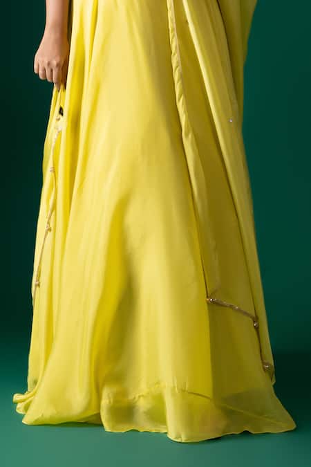 Buy_Label Shristi Chetani_Yellow Silk Embroidery, Mirrors, Beads V-neck Work Bralette Lehenga Set _Online_at_Aza_Fashions