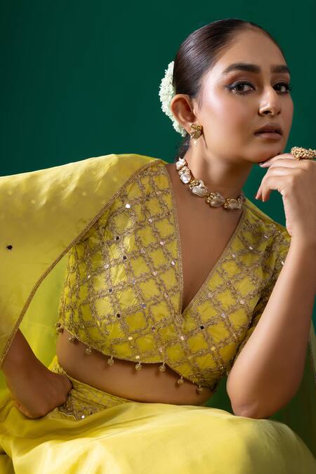Shop_Label Shristi Chetani_Yellow Silk Embroidery, Mirrors, Beads V-neck Work Bralette Lehenga Set _Online_at_Aza_Fashions