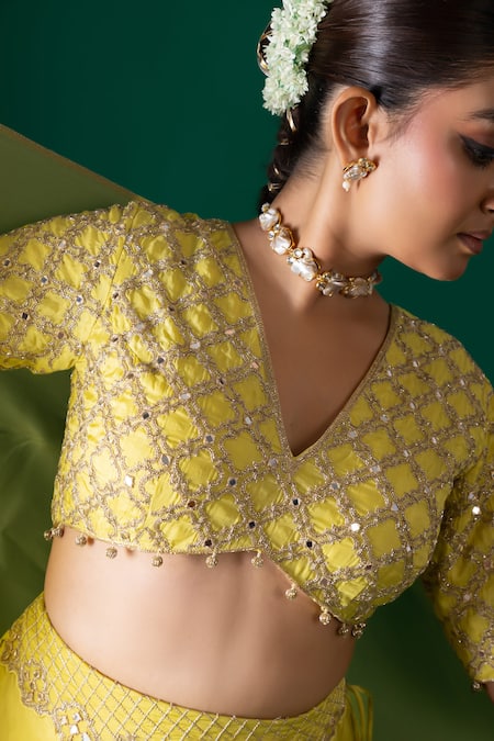 Label Shristi Chetani_Yellow Silk Embroidery, Mirrors, Beads V-neck Work Bralette Lehenga Set _at_Aza_Fashions