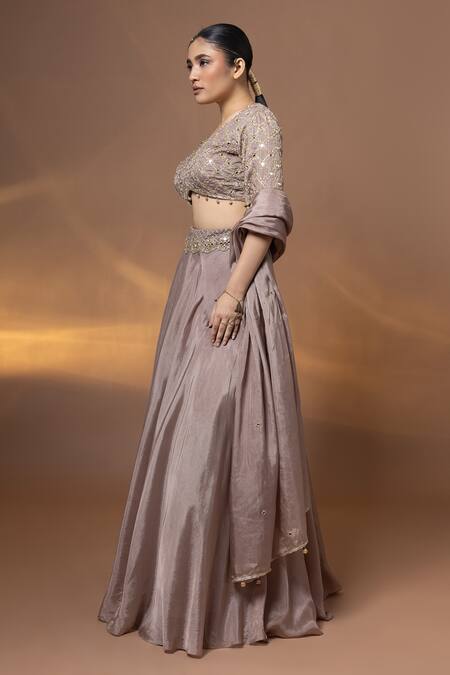 Label Shristi Chetani_Purple Silk Embroidery, Mirrors, Sequins, Tassels Hand Bralette Lehenga Set _Online_at_Aza_Fashions