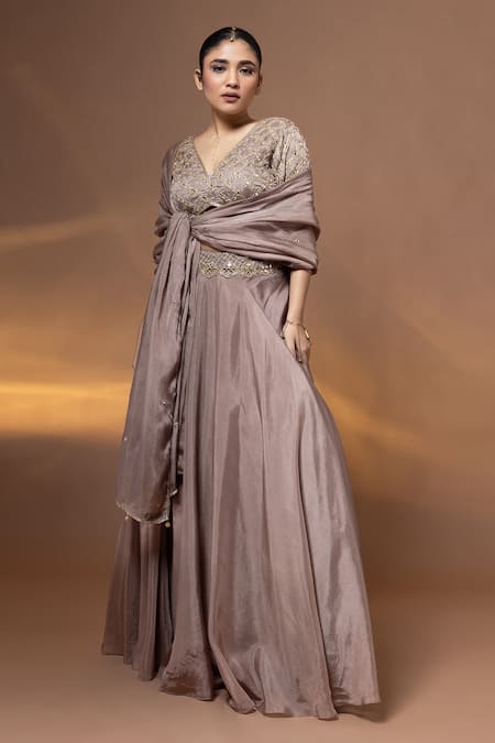 Buy_Label Shristi Chetani_Purple Silk Embroidery, Mirrors, Sequins, Tassels Hand Bralette Lehenga Set _Online_at_Aza_Fashions