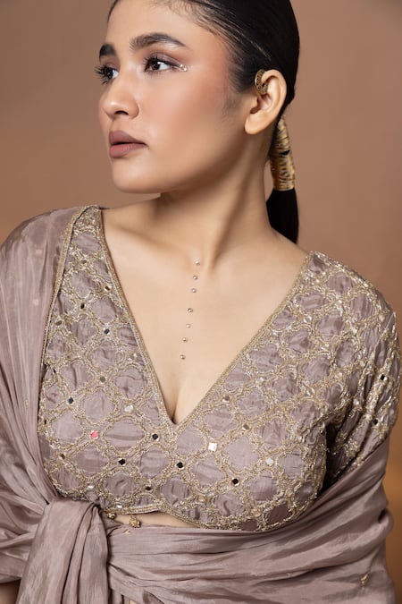 Shop_Label Shristi Chetani_Purple Silk Embroidery, Mirrors, Sequins, Tassels Hand Bralette Lehenga Set _Online_at_Aza_Fashions