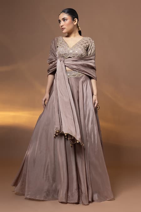 Label Shristi Chetani_Purple Silk Embroidery, Mirrors, Sequins, Tassels Hand Bralette Lehenga Set _at_Aza_Fashions