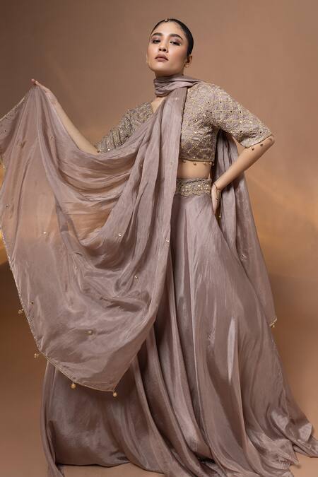 Buy_Label Shristi Chetani_Purple Silk Embroidery, Mirrors, Sequins, Tassels Hand Bralette Lehenga Set 