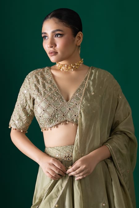 Shop_Label Shristi Chetani_Green Silk Embroidery, Mirrors, Sequins V-neck Hand Bralette Lehenga Set _Online_at_Aza_Fashions