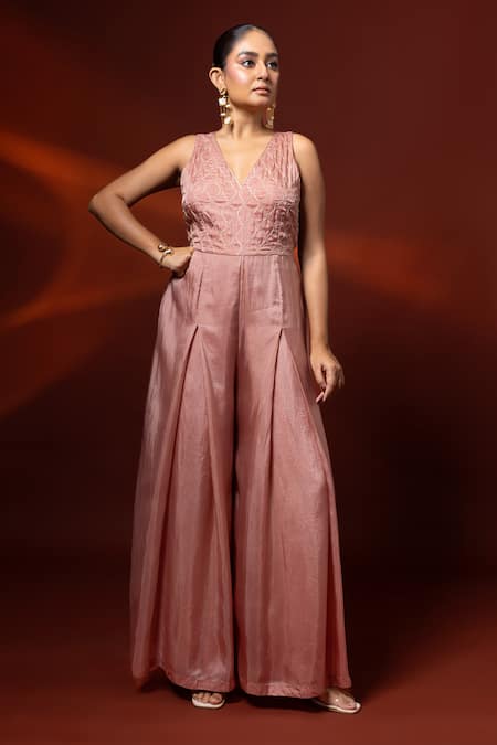 Label Shristi Chetani_Pink Silk Embroidery, Mirrors V-neck, Open Hand Jumpsuit And Short Jacket Set _Online_at_Aza_Fashions