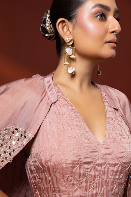 Buy_Label Shristi Chetani_Pink Silk Embroidery, Mirrors V-neck, Open Hand Jumpsuit And Short Jacket Set _Online_at_Aza_Fashions
