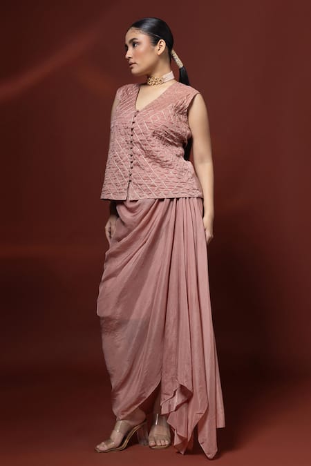 Buy_Label Shristi Chetani_Pink Silk Embroidery, Metallic Thread V-neck, Geometric Hand Jacket Skirt Set _Online_at_Aza_Fashions