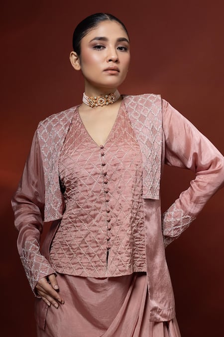 Label Shristi Chetani_Pink Silk Embroidery, Metallic Thread V-neck, Geometric Hand Jacket Skirt Set _at_Aza_Fashions