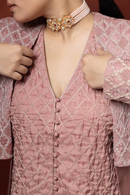 Buy_Label Shristi Chetani_Pink Silk Embroidery, Metallic Thread V-neck, Geometric Hand Jacket Skirt Set 