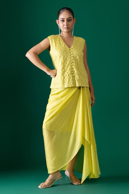 Label Shristi Chetani_Yellow Silk Embroidery V-neck Hand Jacket Skirt Set _Online_at_Aza_Fashions