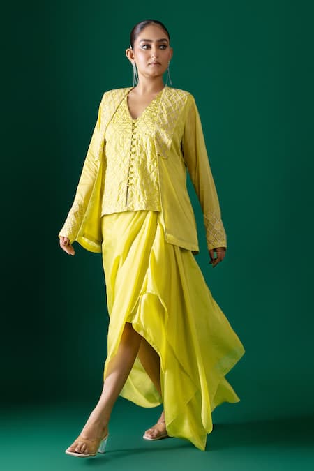 Shop_Label Shristi Chetani_Yellow Silk Embroidery V-neck Hand Jacket Skirt Set _Online_at_Aza_Fashions