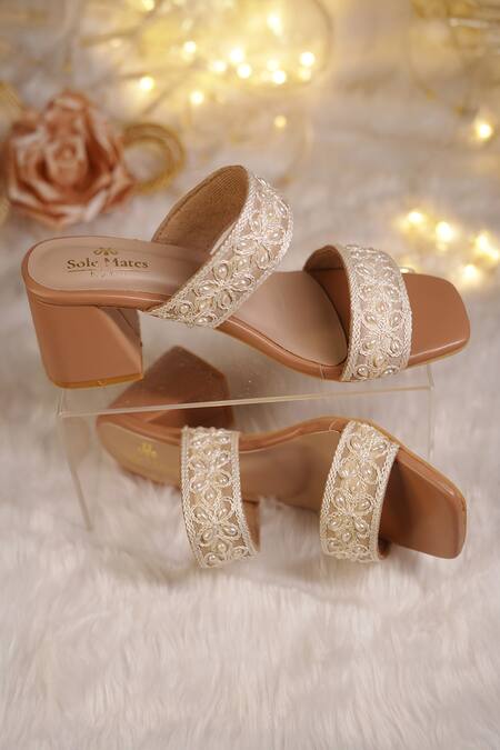 Shop_Sole Mates by Palak_White Embroidery, Pearls Grace Floral And Embellished Heels _Online_at_Aza_Fashions