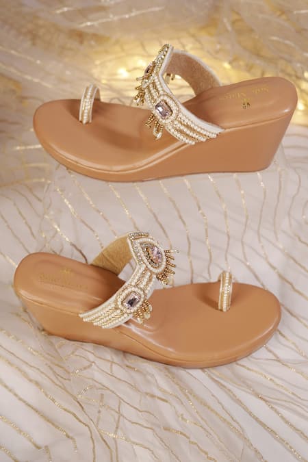 Shop_Sole Mates by Palak_Beige Stones, Pearls, Crystals Gulabri Embellished Wedges _Online_at_Aza_Fashions