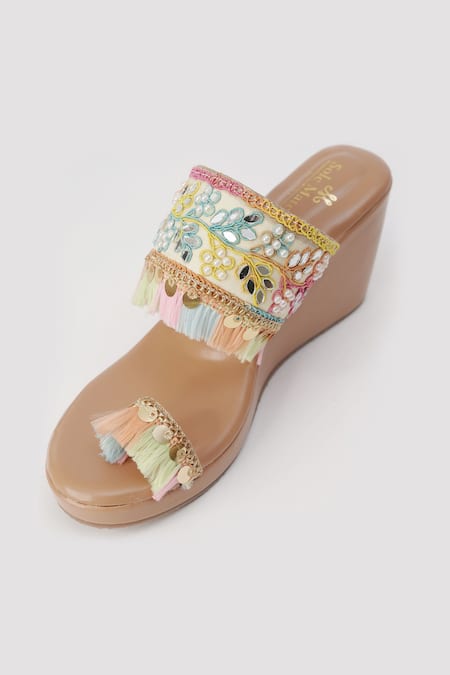 Buy_Sole Mates by Palak_Multi Color Embroidery, Pearls, Mirrors, Tassels, Sequins Gypsey Wedges _Online_at_Aza_Fashions