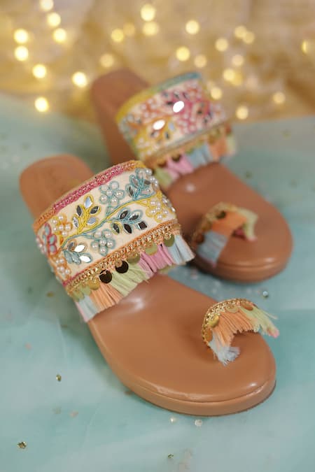Shop_Sole Mates by Palak_Multi Color Embroidery, Pearls, Mirrors, Tassels, Sequins Gypsey Wedges _Online_at_Aza_Fashions