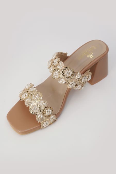 Sole Mates by Palak_Gold Embroidery, Sequins, Pearls Aria Floral Block Heels _Online_at_Aza_Fashions