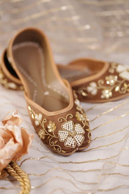 Buy_Sole Mates by Palak_Brown Mocha Floral Embroidered Sequin And Pearl Jutti _Online_at_Aza_Fashions