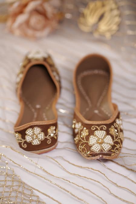 Shop_Sole Mates by Palak_Brown Mocha Floral Embroidered Sequin And Pearl Jutti _Online_at_Aza_Fashions