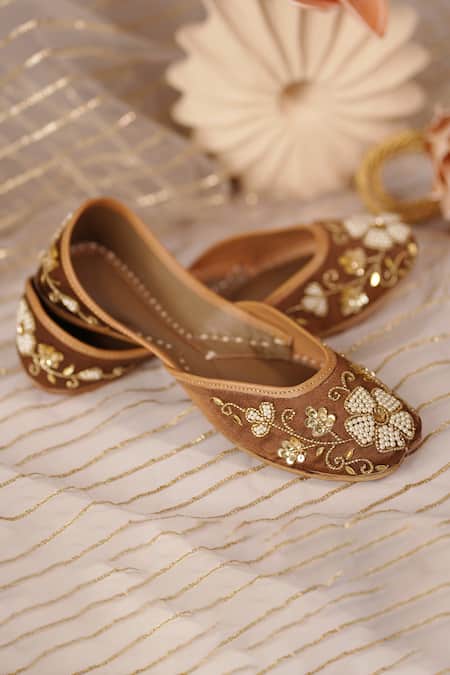 Sole Mates by Palak_Brown Mocha Floral Embroidered Sequin And Pearl Jutti _at_Aza_Fashions