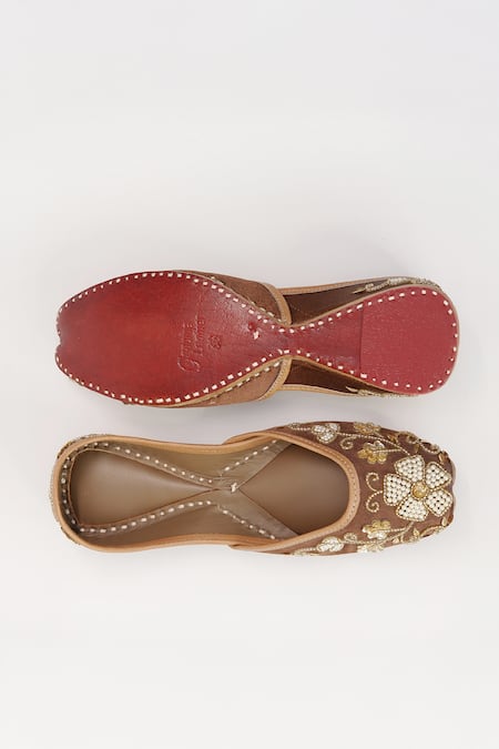 Sole Mates by Palak Mocha Floral Embroidered Sequin & Pearl Jutti 